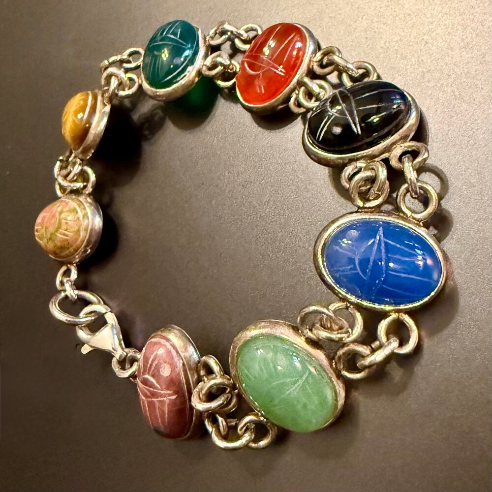 Vintage Gemstone Sterling Silver Egyptian Scarab Bracelet - Picture 3 of 9